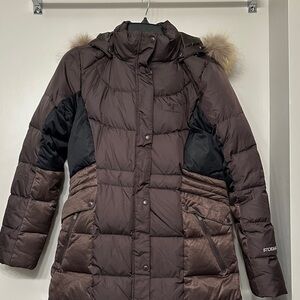 Tuscarora Duck Down Filled Brown and Black Puffer Coat with Fur Hood